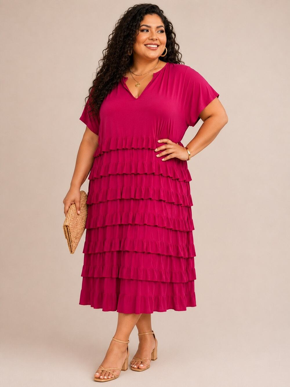 Colleen Lopez 2X Fuchsia Tiered Ruffle Midi Dress Stretch Plus Size